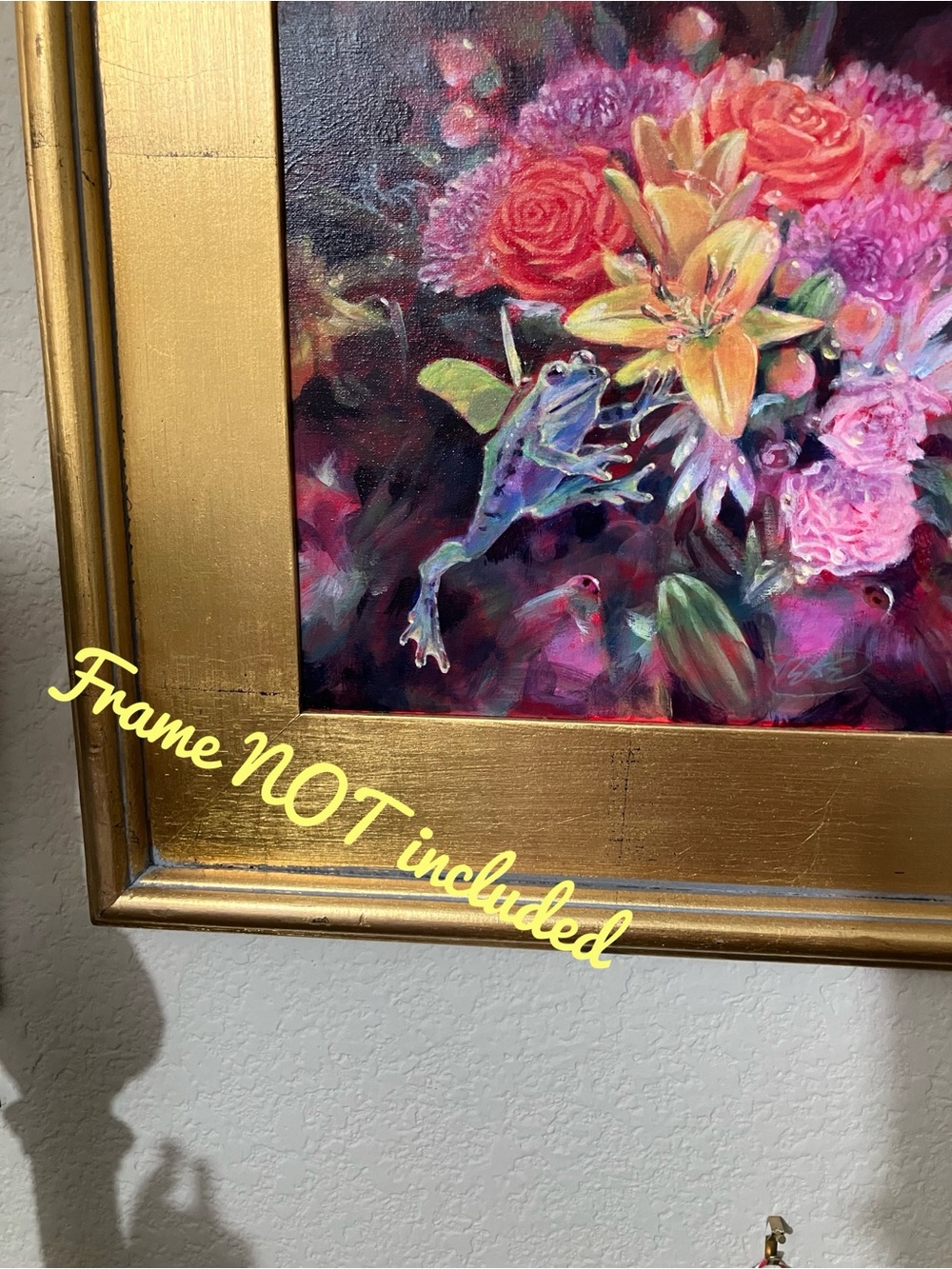 Original flying frog painting floral still life art ladybugs butterfly flowers